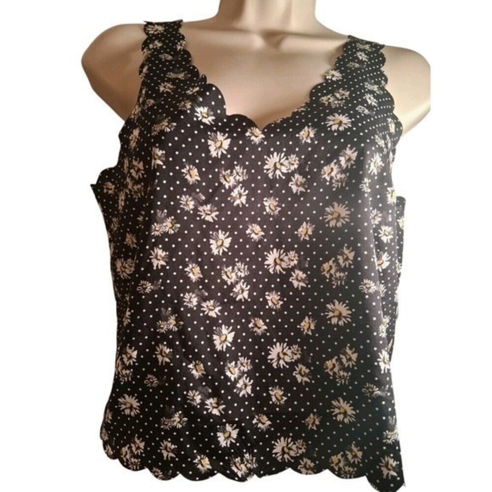 Bongo Womens Black Daisy‎ Polka Dot Scalloped Hem Tank Top Small Floral Camisole